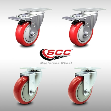 Service Caster 4 Inch SS Red Polyurethane Top Plate Caster Total Lock Brakes SCC, 2PK SCC-SSTTL20S414-PPUB-RED-2-S-2